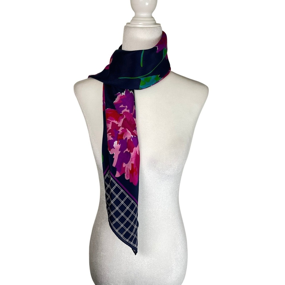 Liz Claiborne Vintage 100% Silk Scarf Navy Blue Pink Floral Windowpane Japan 31"